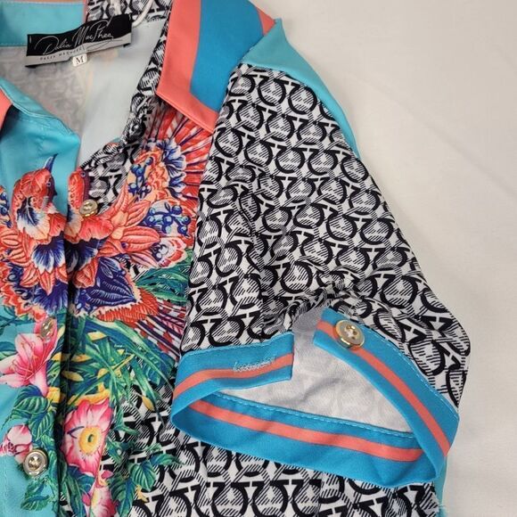 NEW M Dalia McPhee retro diner turquoise pink bird BELTED FULL DRESS medium NWT - Picture 6 of 16